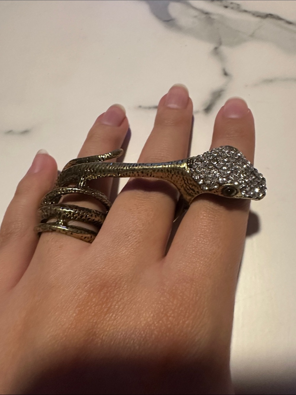 Silver-Tone Snake Wrap Double Finger Ring with Crystal Head
